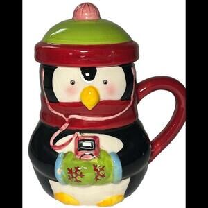 MSRF Christmas Penguin Coffee Mug Cup With Top 6 1/2" Holding Smart phone Tea Co